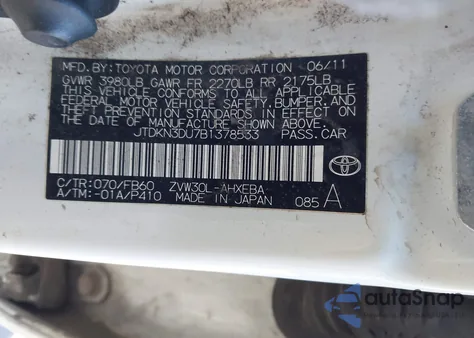 2011 Toyota Prius Two from USA, damaged, VIN JTDKN3DU7B1378533